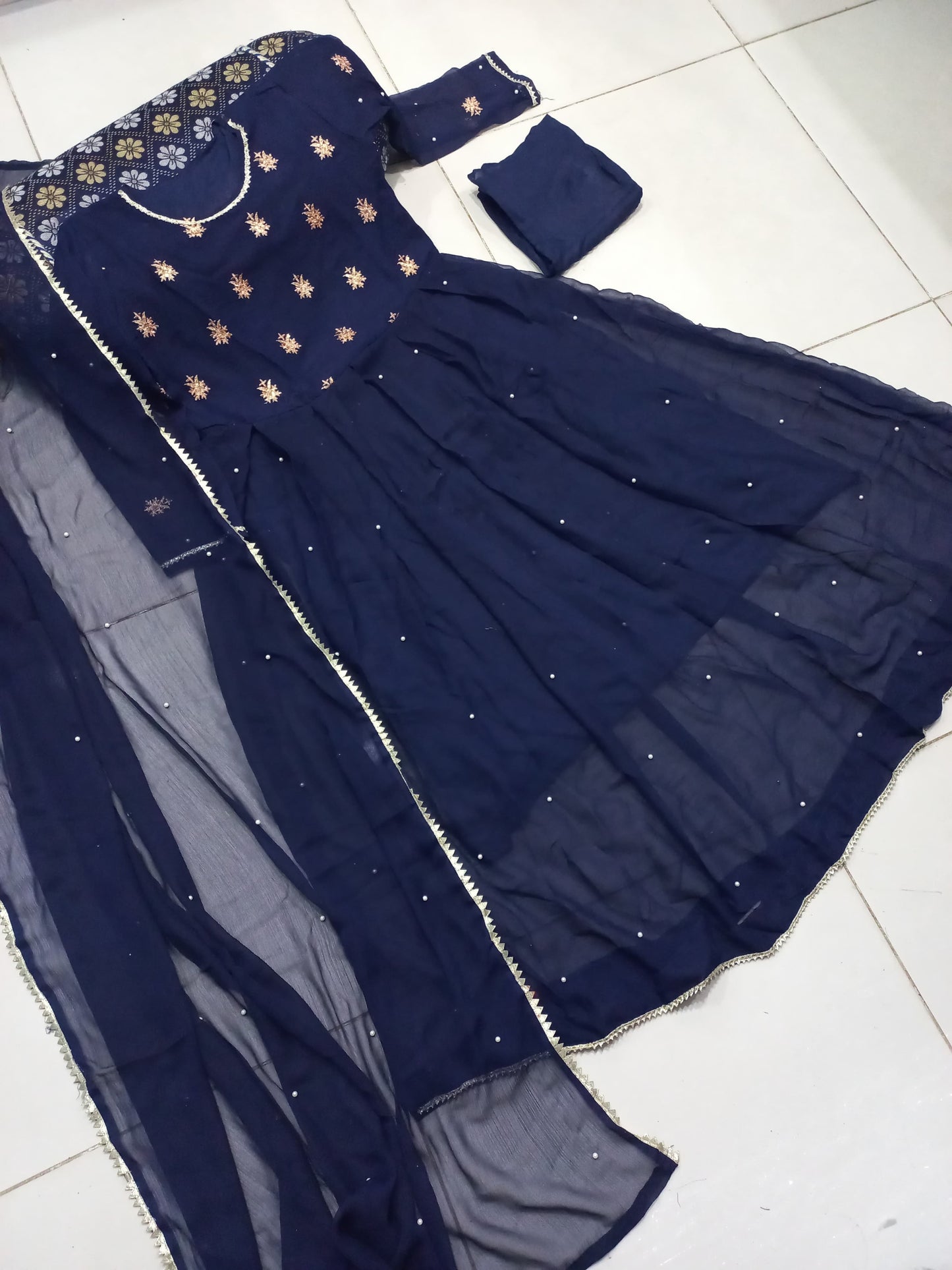 Neck & Sleeves Sequence Embroidered with Lace and front & Back Pearls Attached Maxi with Pearls Dupatta 3PCs