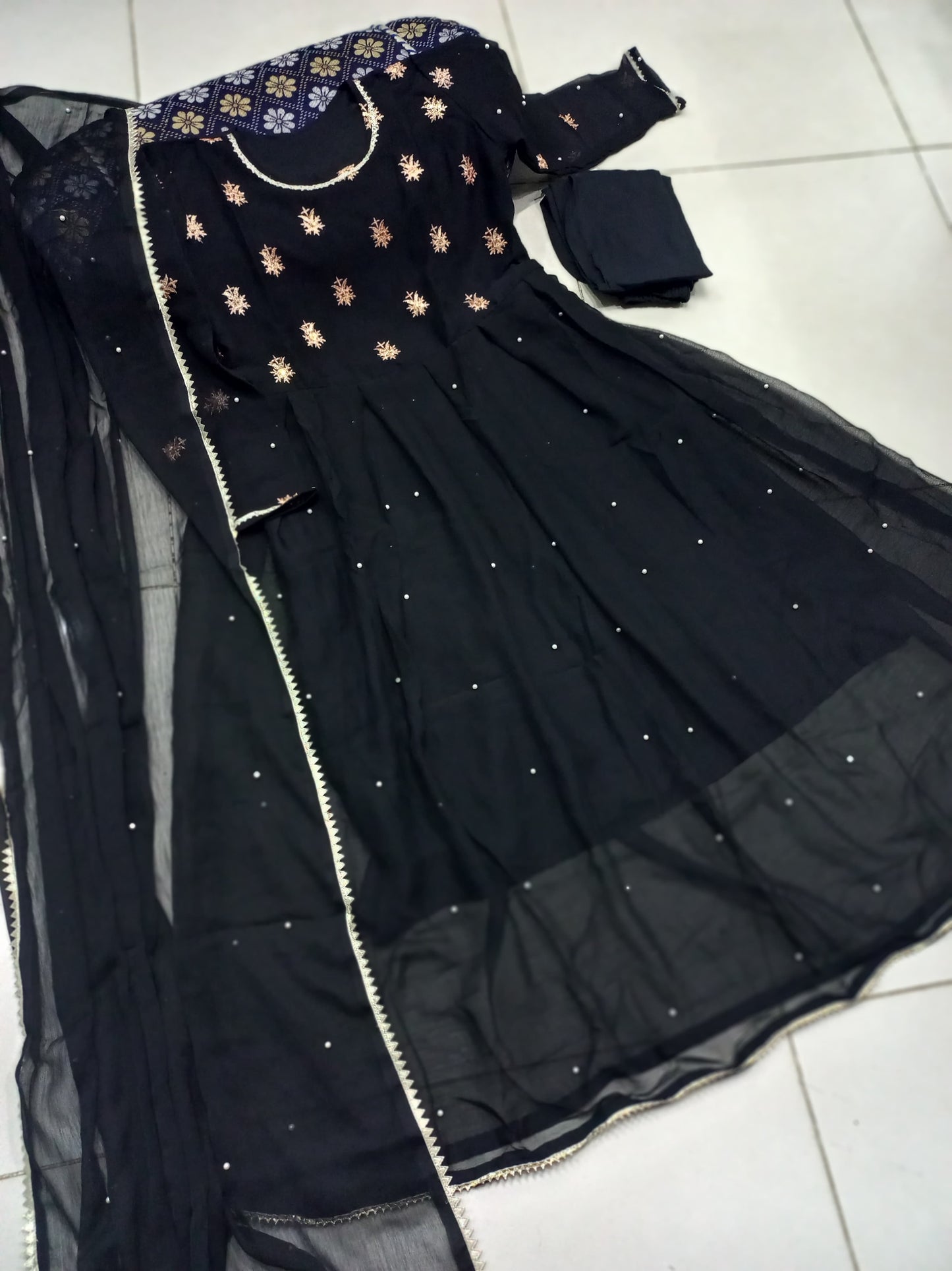 Neck & Sleeves Sequence Embroidered with Lace and front & Back Pearls Attached Maxi with Pearls Dupatta 3PCs
