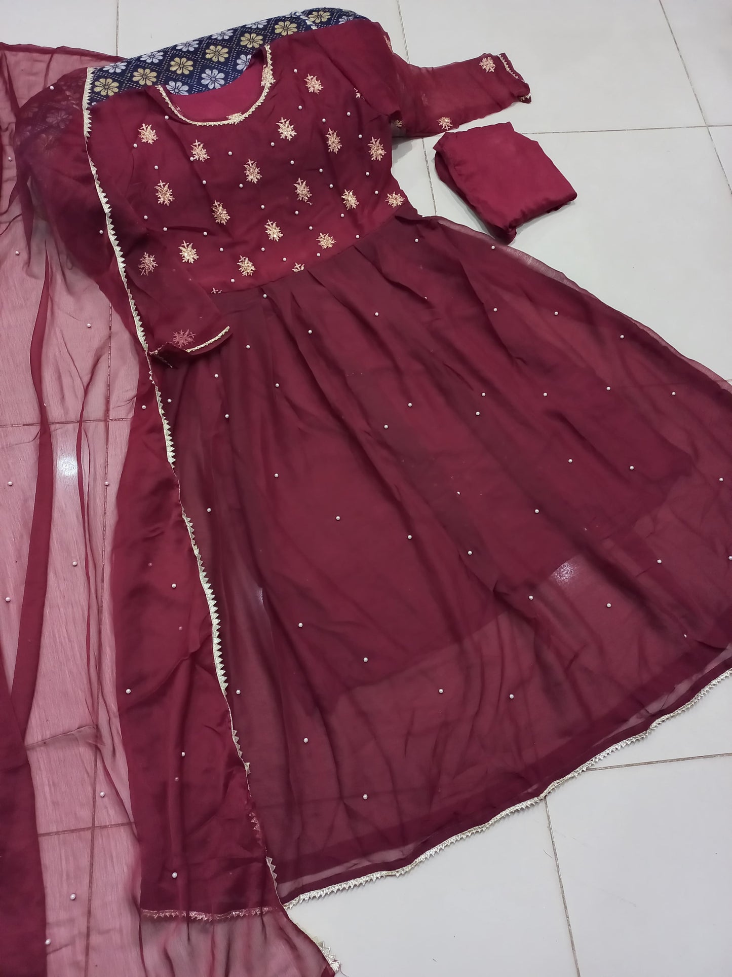 Neck & Sleeves Sequence Embroidered with Lace and front & Back Pearls Attached Maxi with Pearls Dupatta 3PCs