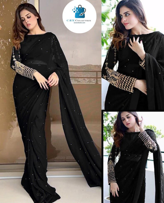 Designer Saree Embroidered and Pearl work (Ready to Wear)