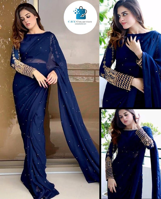 Designer Saree Embroidered and Pearl work (Ready to Wear)