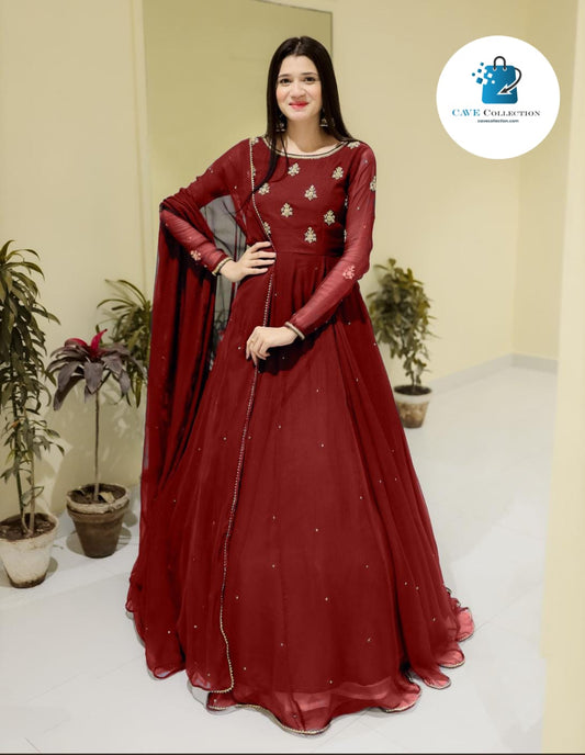 Neck & Sleeves Sequence Embroidered with Lace and front & Back Pearls Attached  Maxi with Pearls Dupatta 3PCs